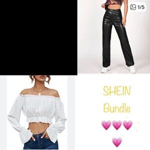 SHEIN Black Faux Leather Pants & white ruffle long sleeve crop top